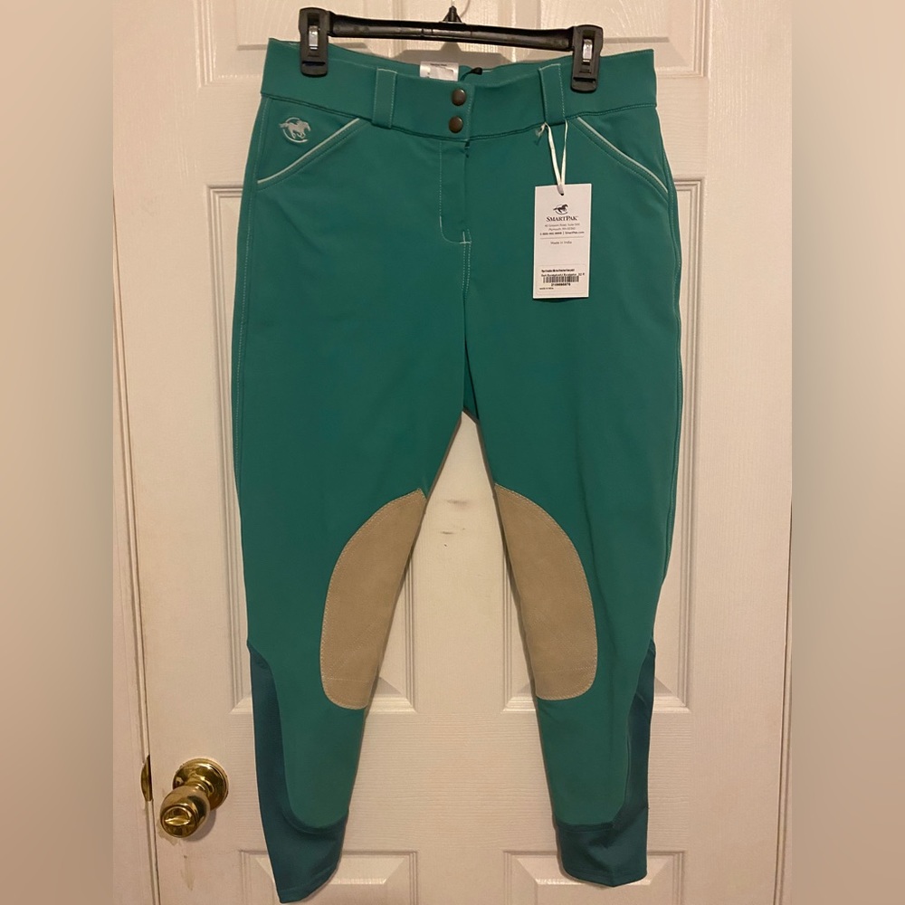 Piper Evolution Breeches, 32R, Mid Rise Knee Patch, NWT, Eucalyptus w/ tan patch